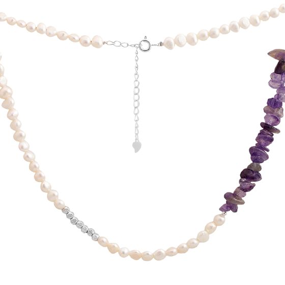 Silver necklace with baroque pearls, amethyst