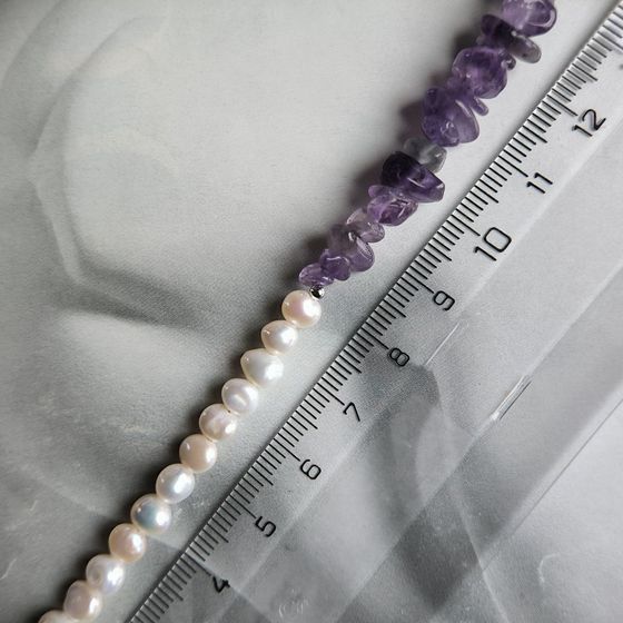 Silver necklace with baroque pearls, amethyst