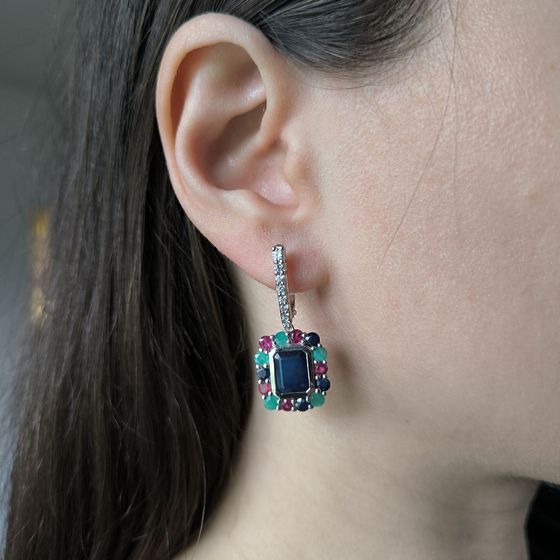Серебряные серьги с сапфиром 4.05ct, изумрудом, рубином