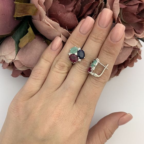 Серебряные серьги с сапфиром, изумрудом, рубином