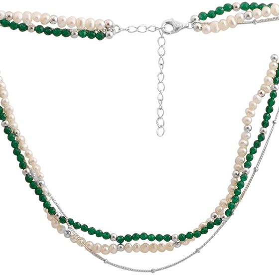 Silver necklace with baroque pearls, green jadeyed