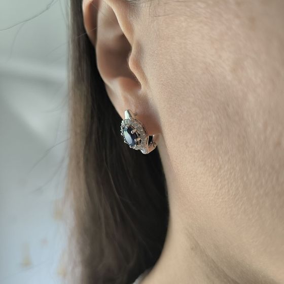 Sterling silver earrings with sapphire 4.21ct, pave diamonds