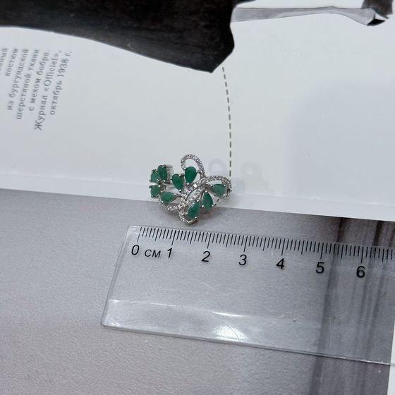 Silver ring with emerald, fianites