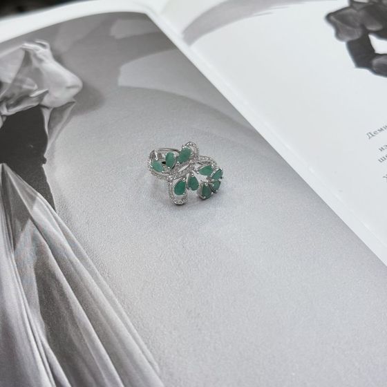 Silver ring with emerald, fianites