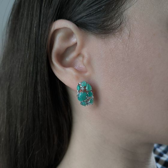 Срібні сережки зі смарагдом, фіанітами