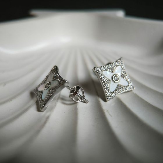 Silver earrings with phianites, mother of pearl