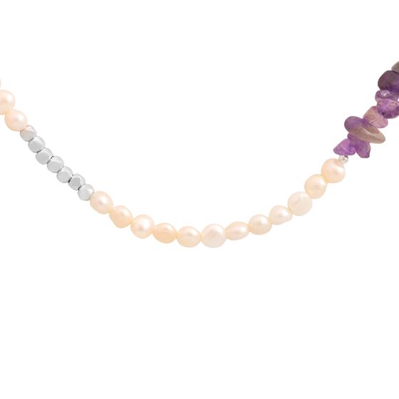 Silver necklace with baroque pearls, amethyst