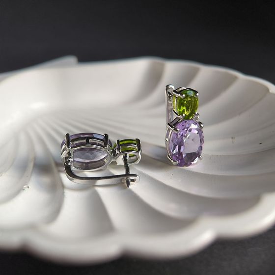 Silver earrings with amethyst, chrysolite