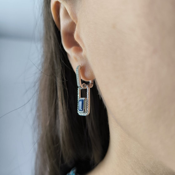 Silver earrings with sapphire 3.321ct, cubic zirconia