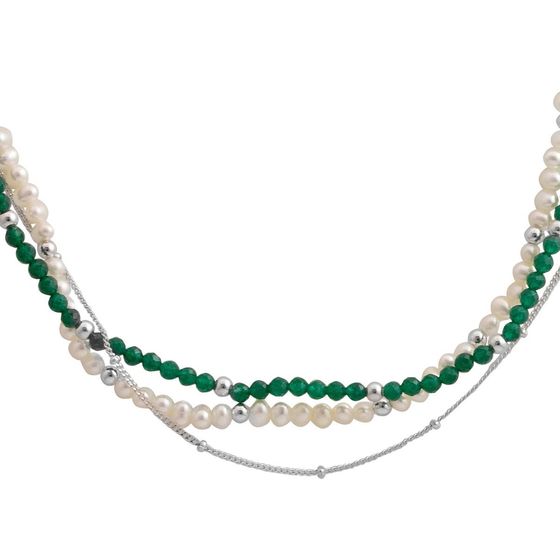 Silver necklace with baroque pearls, green jadeyed