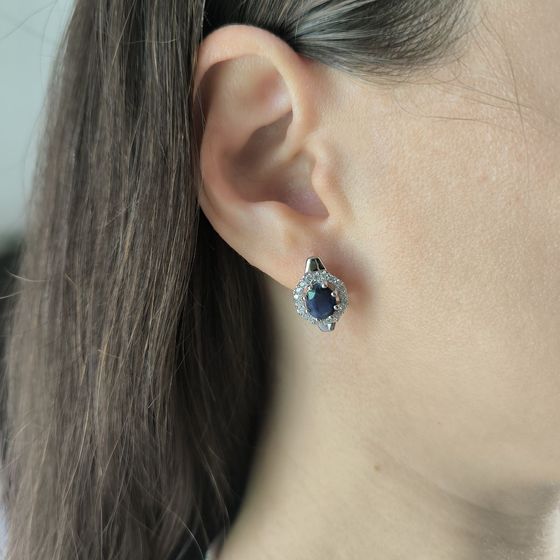 Sterling silver earrings with sapphire 4.21ct, pave diamonds