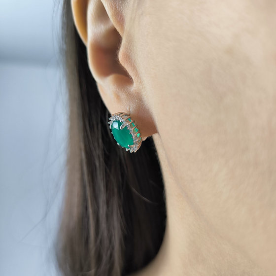 Серебряные серьги с агатом 5.46ct, фианитами
