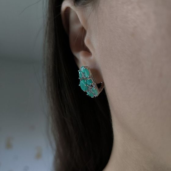 Срібні сережки зі смарагдом, фіанітами