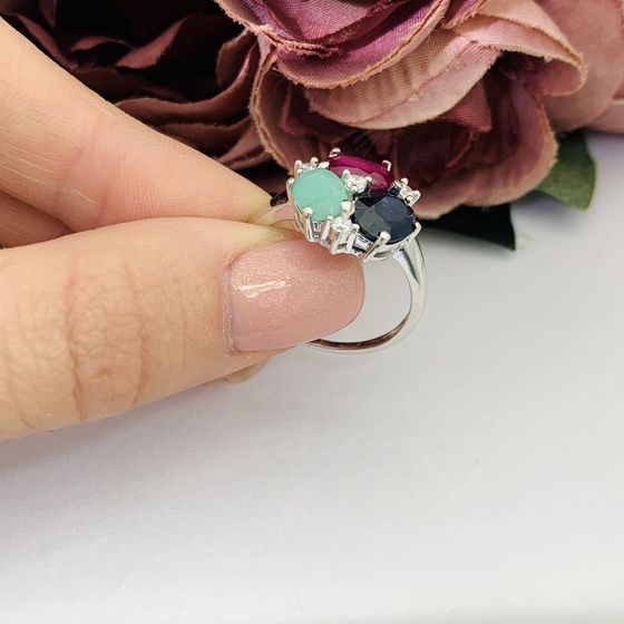 Серебряное кольцо с сапфиром, изумрудом, рубином