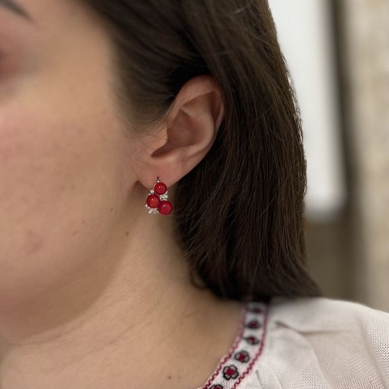 Серебряные серьги с кораллом, фианитами