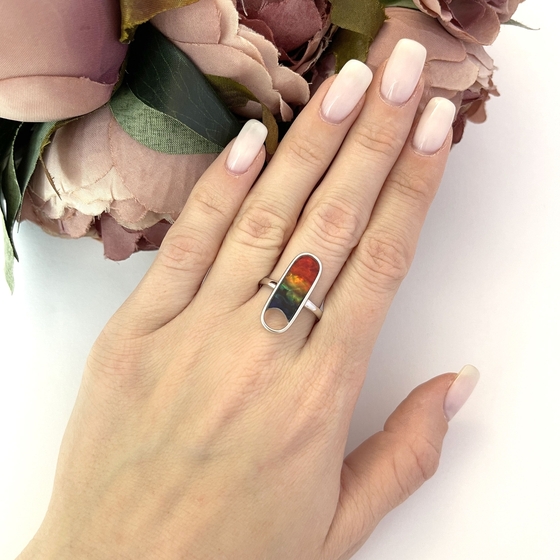 Silver ring with ammolite