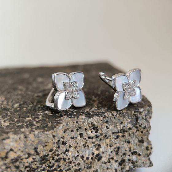 Silver earrings with mother-of-pearl, fianites