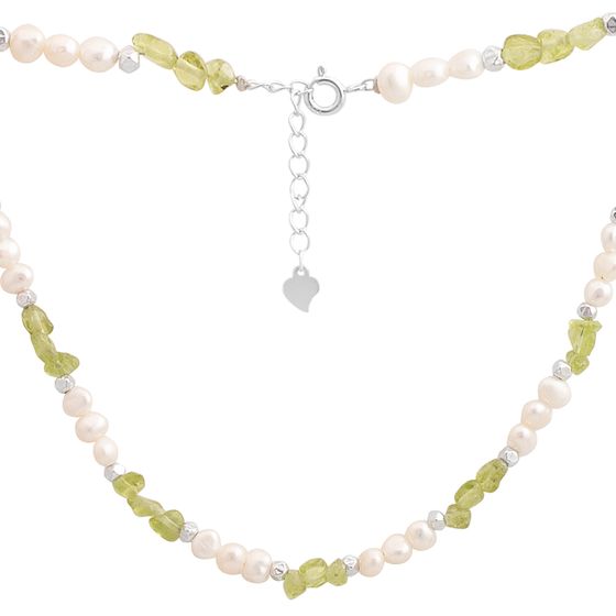 Silver necklace with baroque pearls, chrysolite