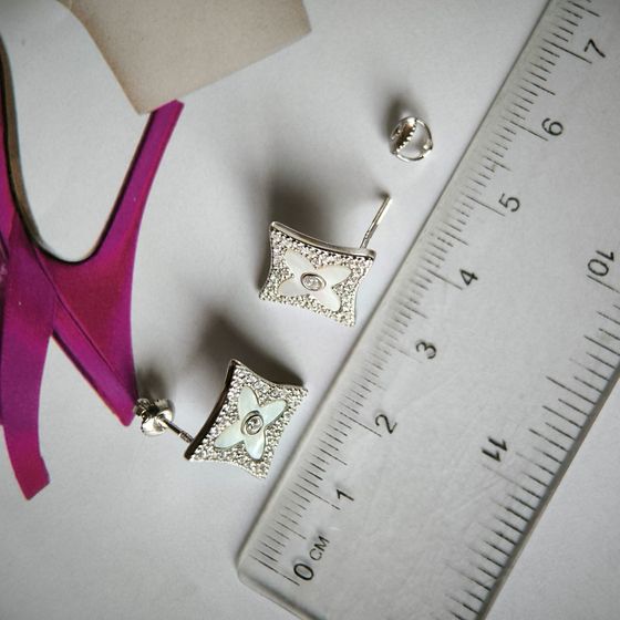 Silver earrings with phianites, mother of pearl