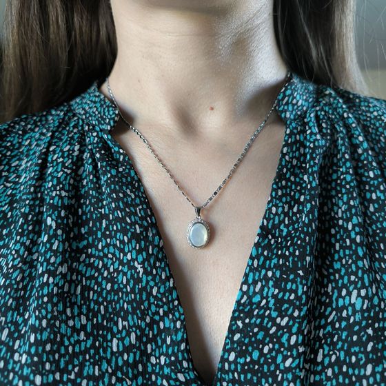 Silver pendant with phianites, mother-of-pearl