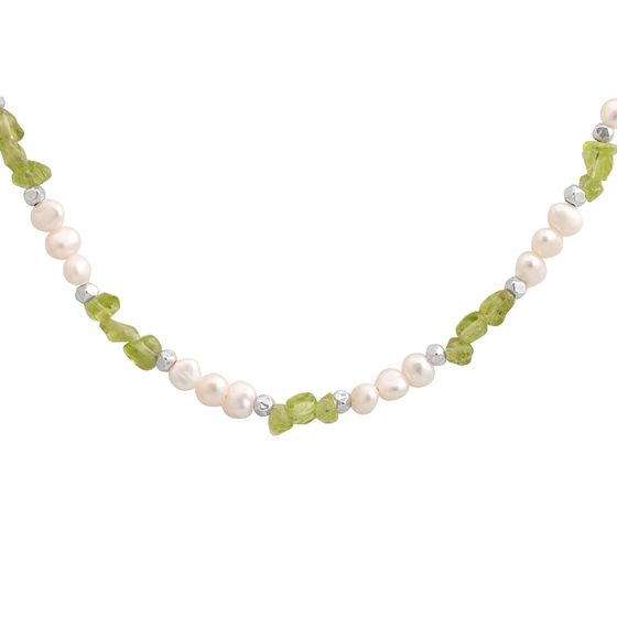 Silver necklace with baroque pearls, chrysolite