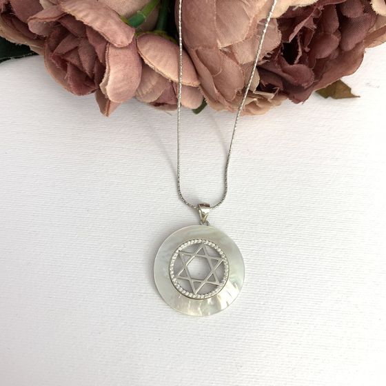 Silver pendant with mother-of-pearl, phianites