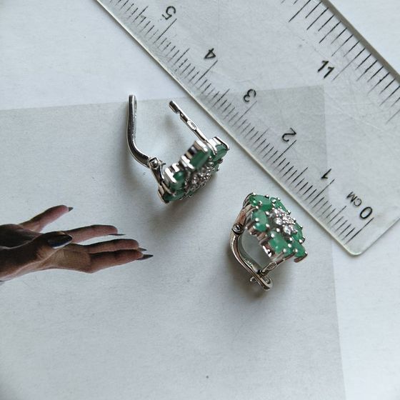 Silver earrings with emerald, fianites