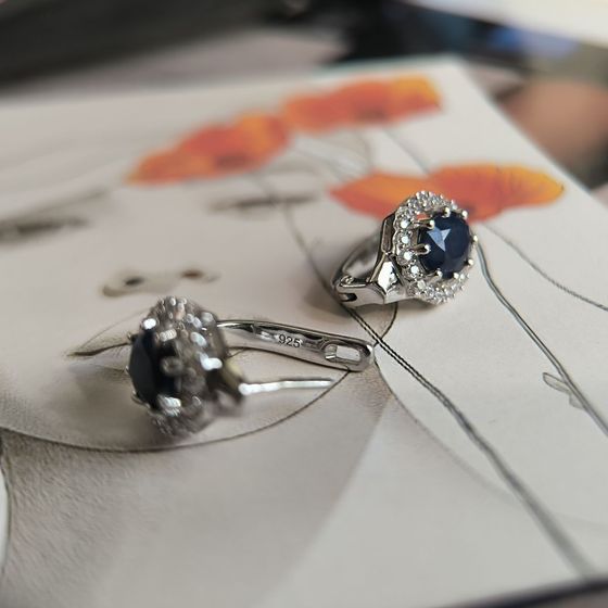 Sterling silver earrings with sapphire 4.21ct, pave diamonds