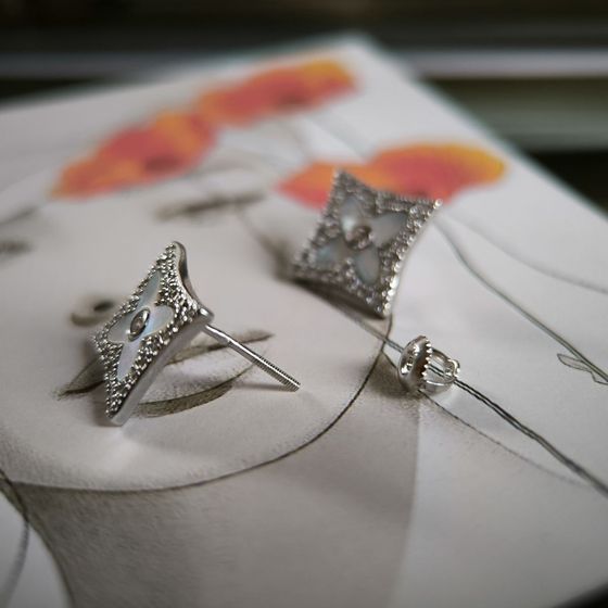 Silver earrings with phianites, mother of pearl