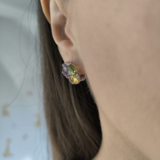 Серебряные серьги с аметистом, цитрином, хризолітом