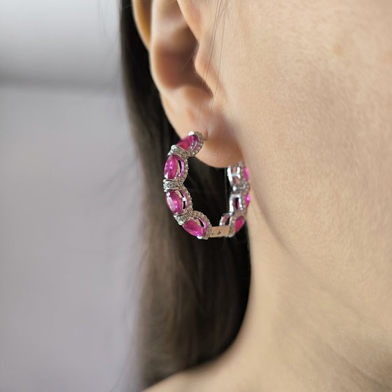 Срібні сережки з рубіном 14.169ct, фіанітами