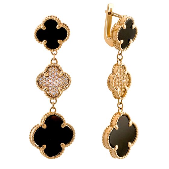 Золоті сережки з оніксом, фіанітами 1.52ct