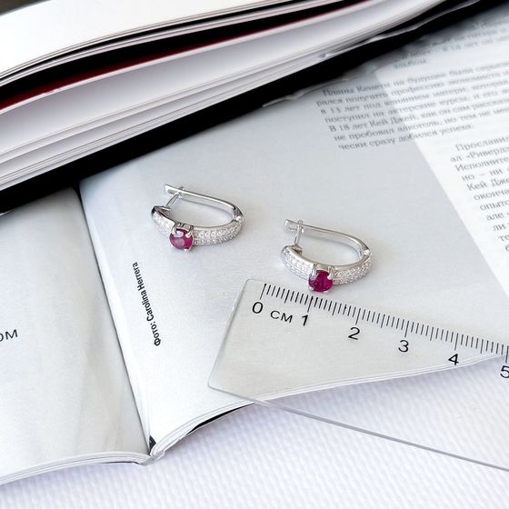 Срібні сережки з рубіном 1.784ct, фіанітами