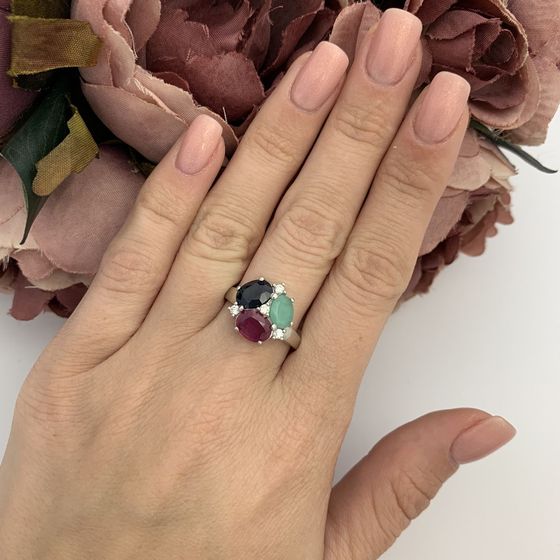 Серебряное кольцо с сапфиром, изумрудом, рубином