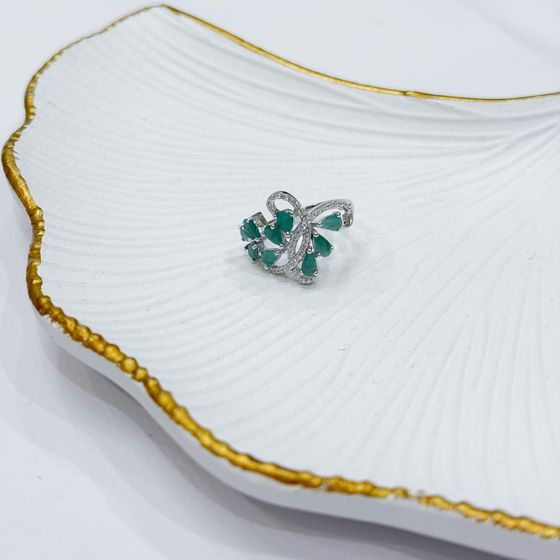 Silver ring with emerald, fianites