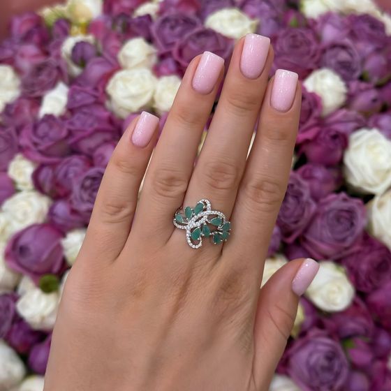 Silver ring with emerald, fianites