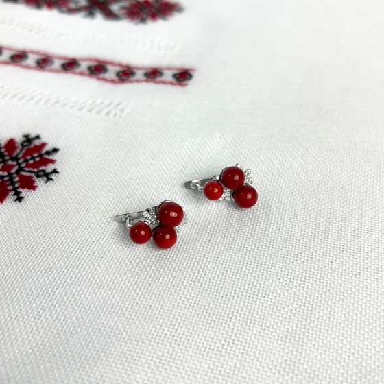 Серебряные серьги с кораллом, фианитами
