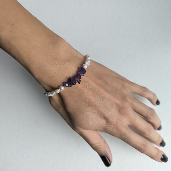Серебряный браслет с аметистом, жемчугом барочным