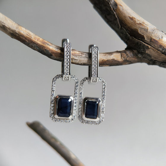 Silver earrings with sapphire 3.321ct, cubic zirconia
