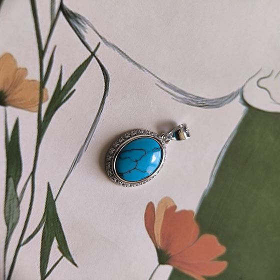 Silver pendant with fianites, turquoise