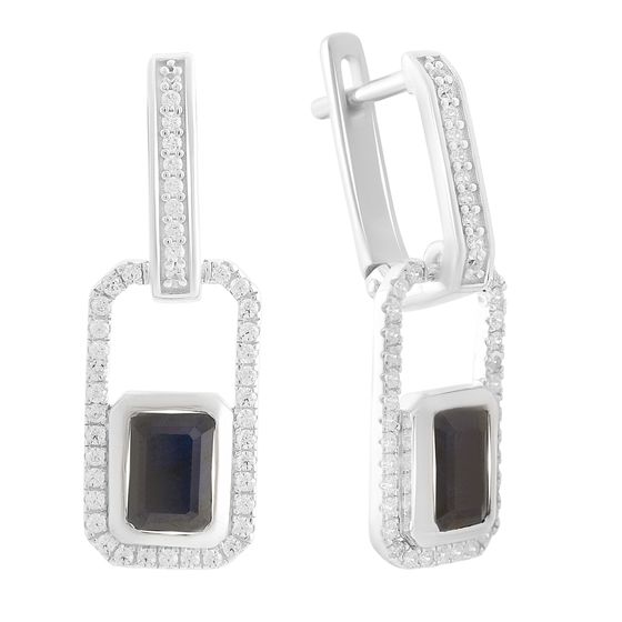 Silver earrings with sapphire 3.321ct, cubic zirconia