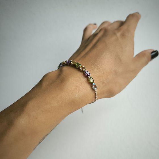 Серебряный браслет с аметистом, цитрином, хризолітом, топазом, фианитами