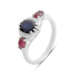 Серебряное кольцо с сапфиром 2.135ct, рубином, фианитами