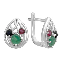 Срібні сережки з сапфіром 4.05ct, смарагдом, рубіном