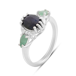 Срібна каблучка з сапфіром 2.135ct, смарагдом, фіанітами