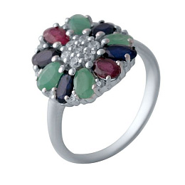 Silver ring with a 3.37-carat sapphire, an emerald, and a ruby