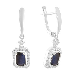 Серебряные серьги с сапфиром 3.628ct, фианитами