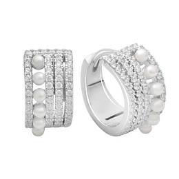 Серебряные серьги с жемчугом, фианитами