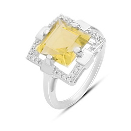 Срібна каблучка із зеленим кварцом 5.04ct, фіанітами