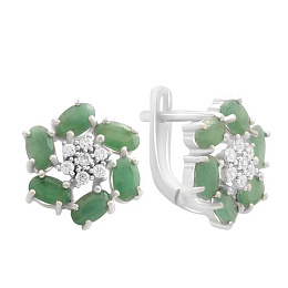 Серебряные серьги с изумрудом, фианитами